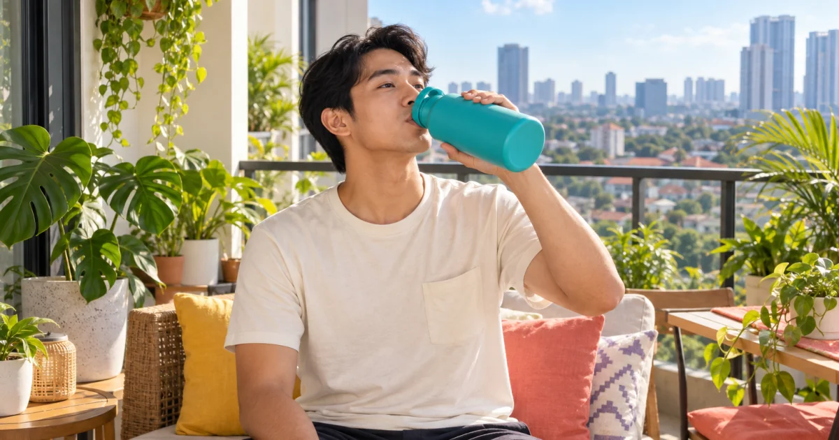 Seseorang tersenyum sambil minum segelas air putih di balkon yang cerah, dengan tanaman hijau dan langit biru di belakangnya
