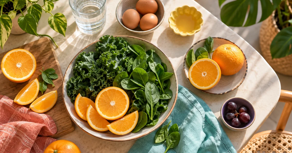 Jeruk, lemon, dan kiwi yang dibelah di atas meja dapur yang cerah, ditemani segelas air putih di bawah sinar matahari pagi